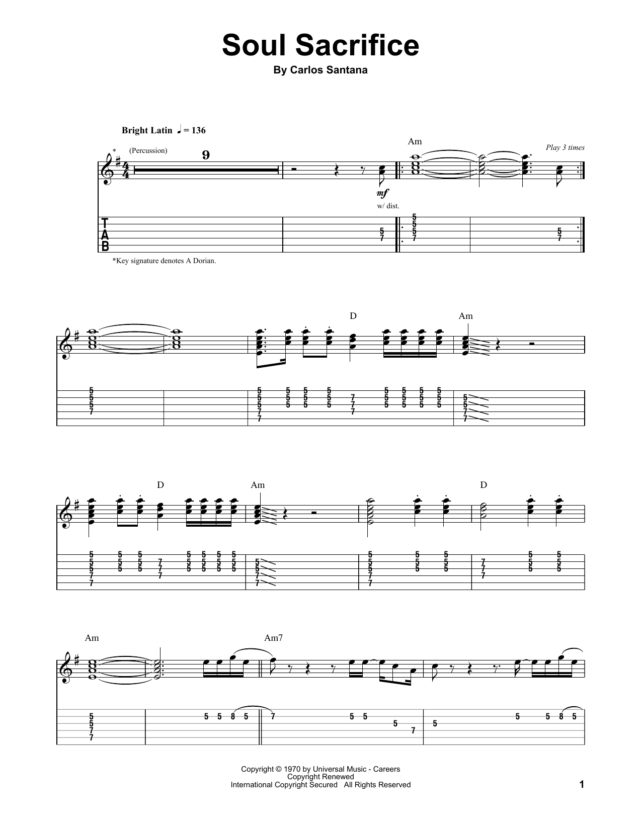 Santana Soul Sacrifice sheet music notes and chords. Download Printable PDF.