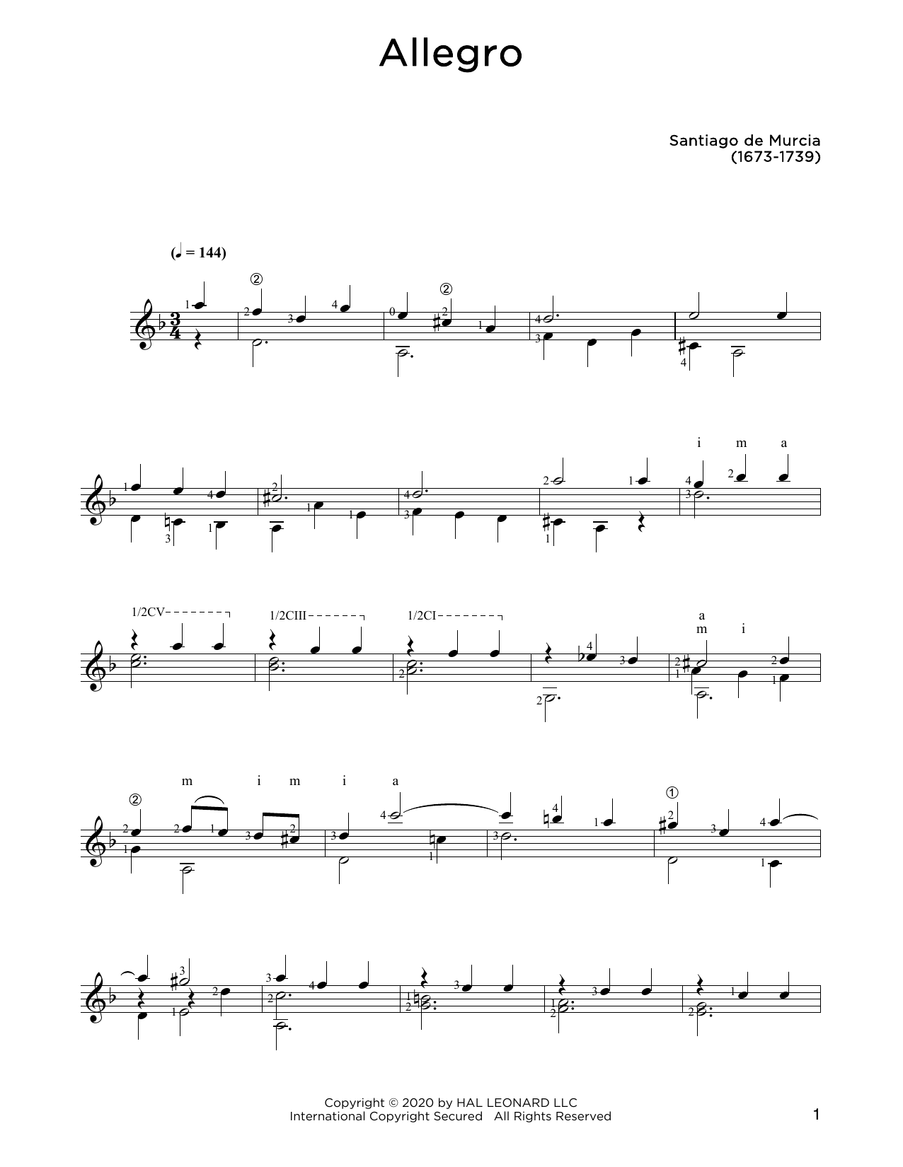 Santiago de Murcia Allegro sheet music notes and chords. Download Printable PDF.