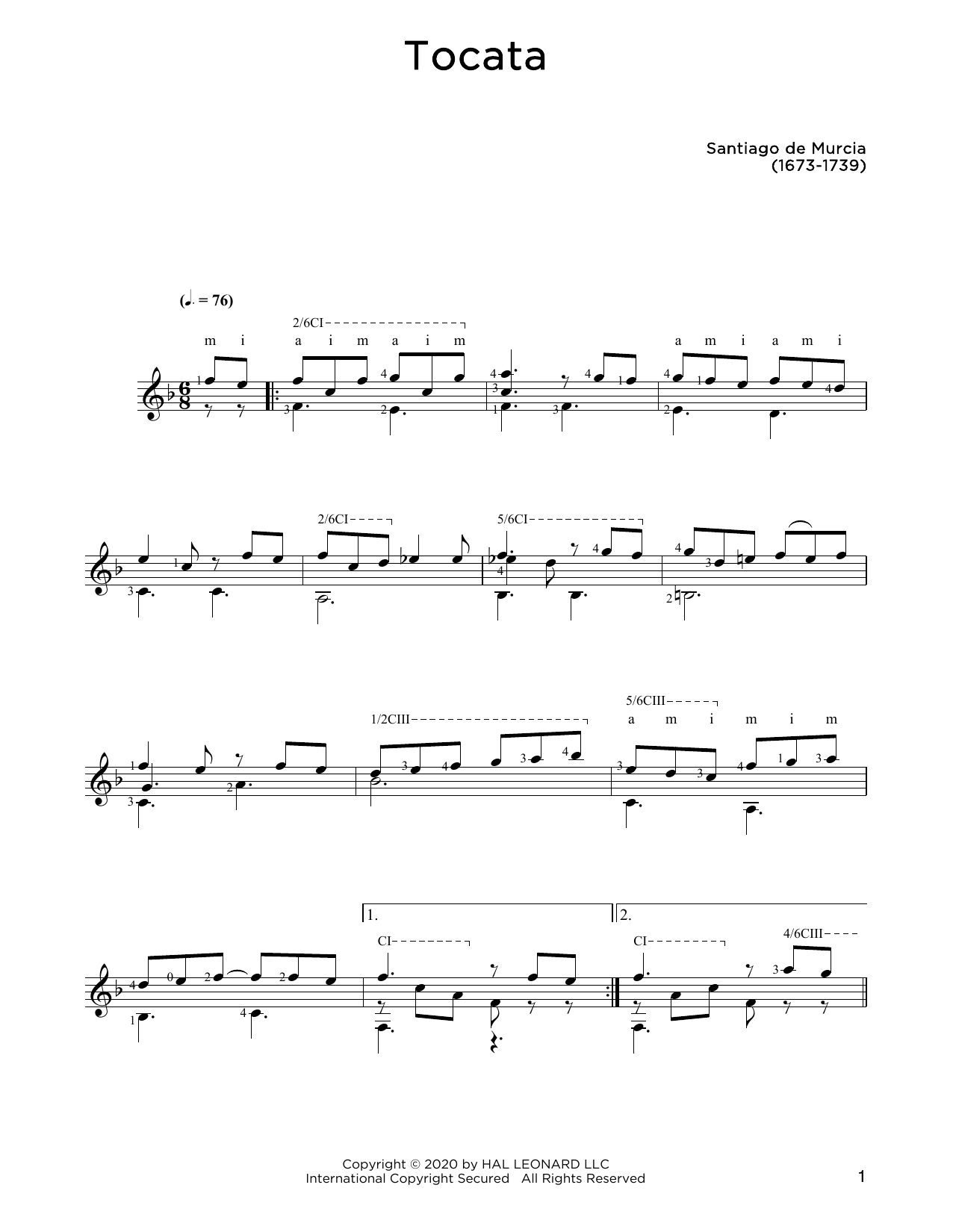 Santiago de Murcia Tocata sheet music notes and chords. Download Printable PDF.