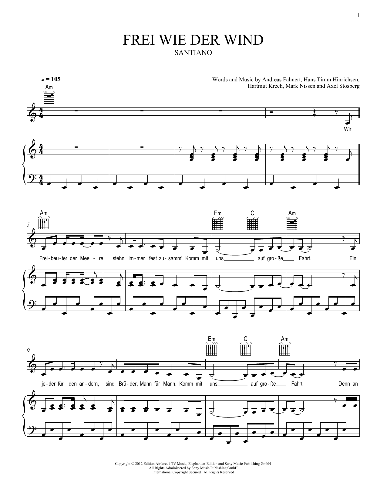 Santiano Frei wie der Wind sheet music notes and chords. Download Printable PDF.