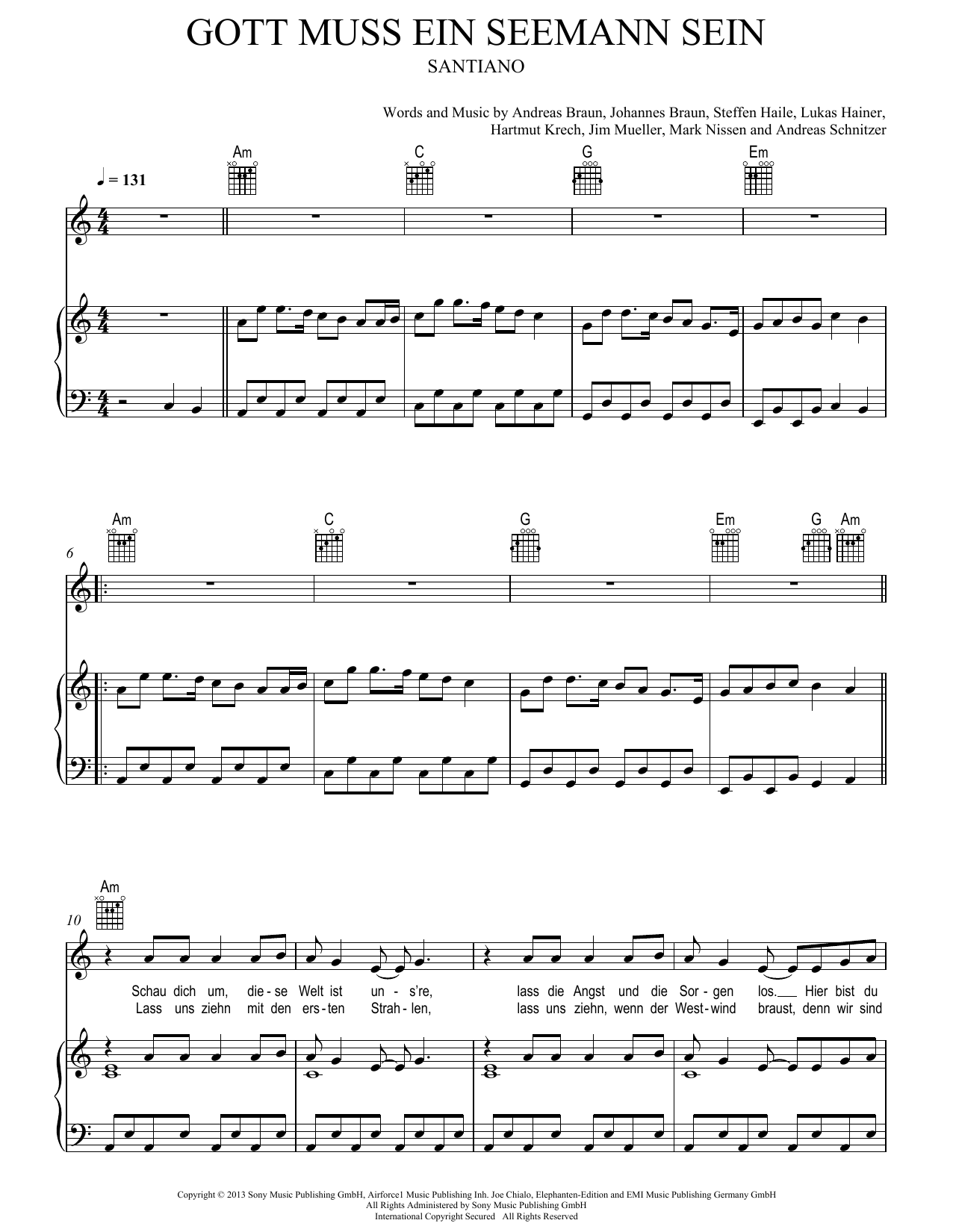 Santiano Gott muss ein Seemann sein sheet music notes and chords. Download Printable PDF.