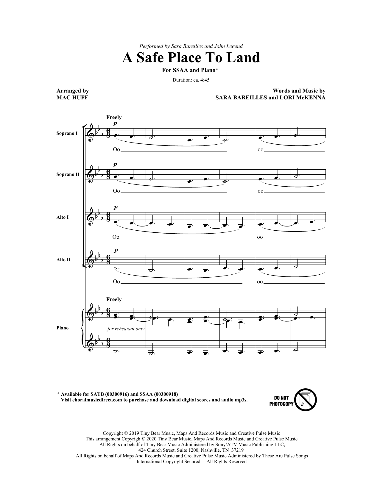 Sara Bareilles A Safe Place To Land (feat. John Legend) (arr. Mac Huff) sheet music notes and chords. Download Printable PDF.