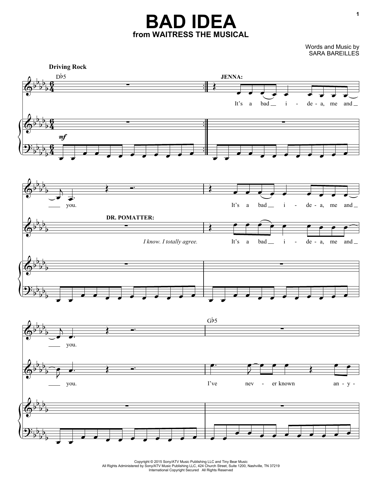 Sara Bareilles Bad Idea (from Waitress The Musical) sheet music notes and chords. Download Printable PDF.