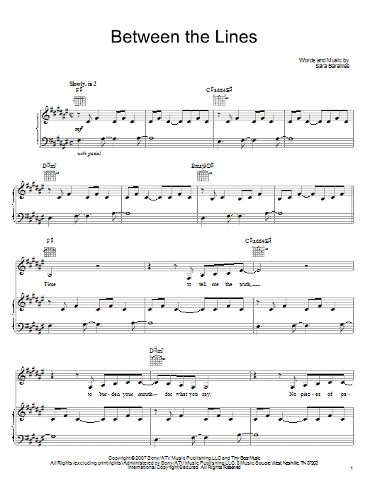 Sara Bareilles Between The Lines sheet music notes and chords. Download Printable PDF.