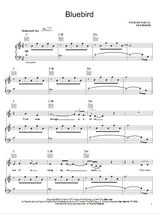 Sara Bareilles Bluebird sheet music notes and chords. Download Printable PDF.