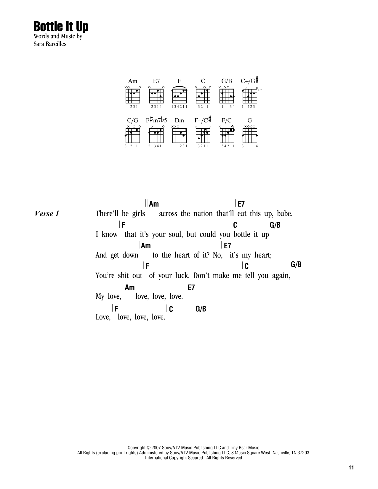 Learn to play Sara Bareilles Bottle It Up sheet music for Guitar Chords/Lyrics in minutes. Price: 4.4900$ Sara Bareilles Bottle It Up sheet music notes and chords arranged for Guitar Chords/Lyrics