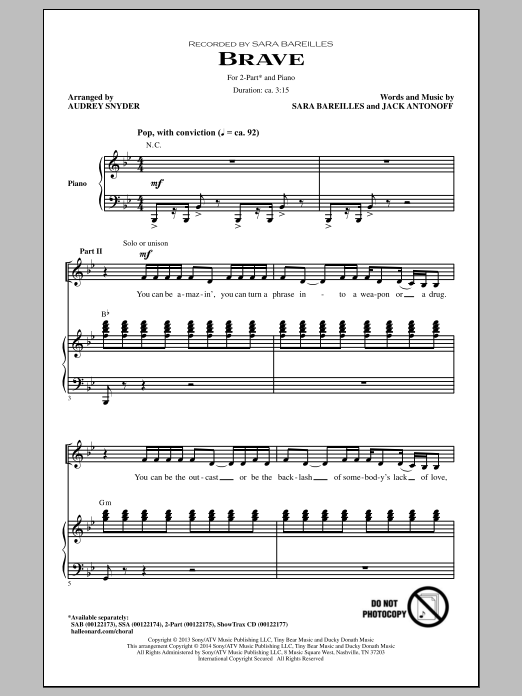 Sara Bareilles Brave (arr. Audrey Snyder) sheet music notes and chords. Download Printable PDF.