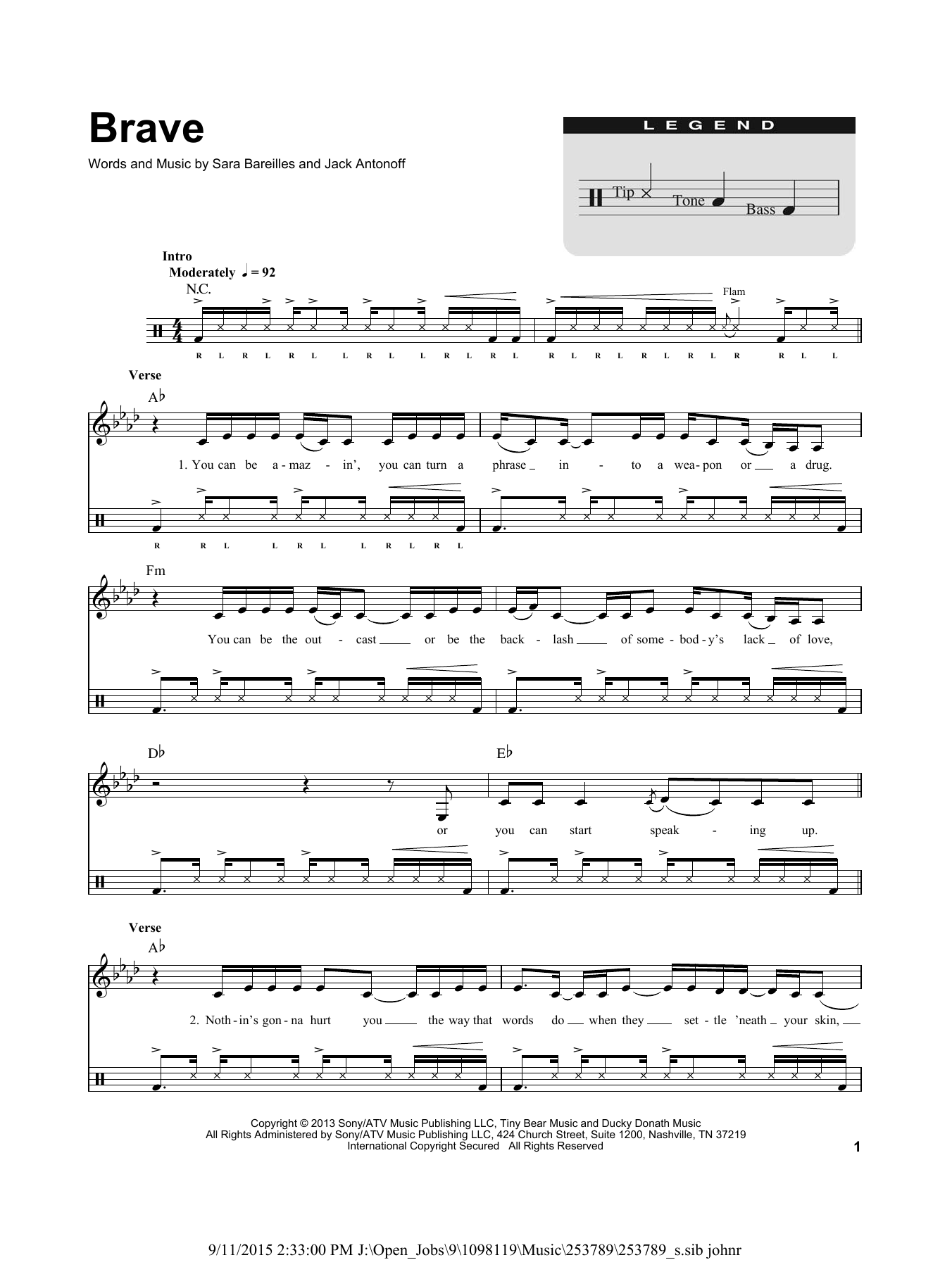 Sara Bareilles Brave sheet music notes and chords. Download Printable PDF.