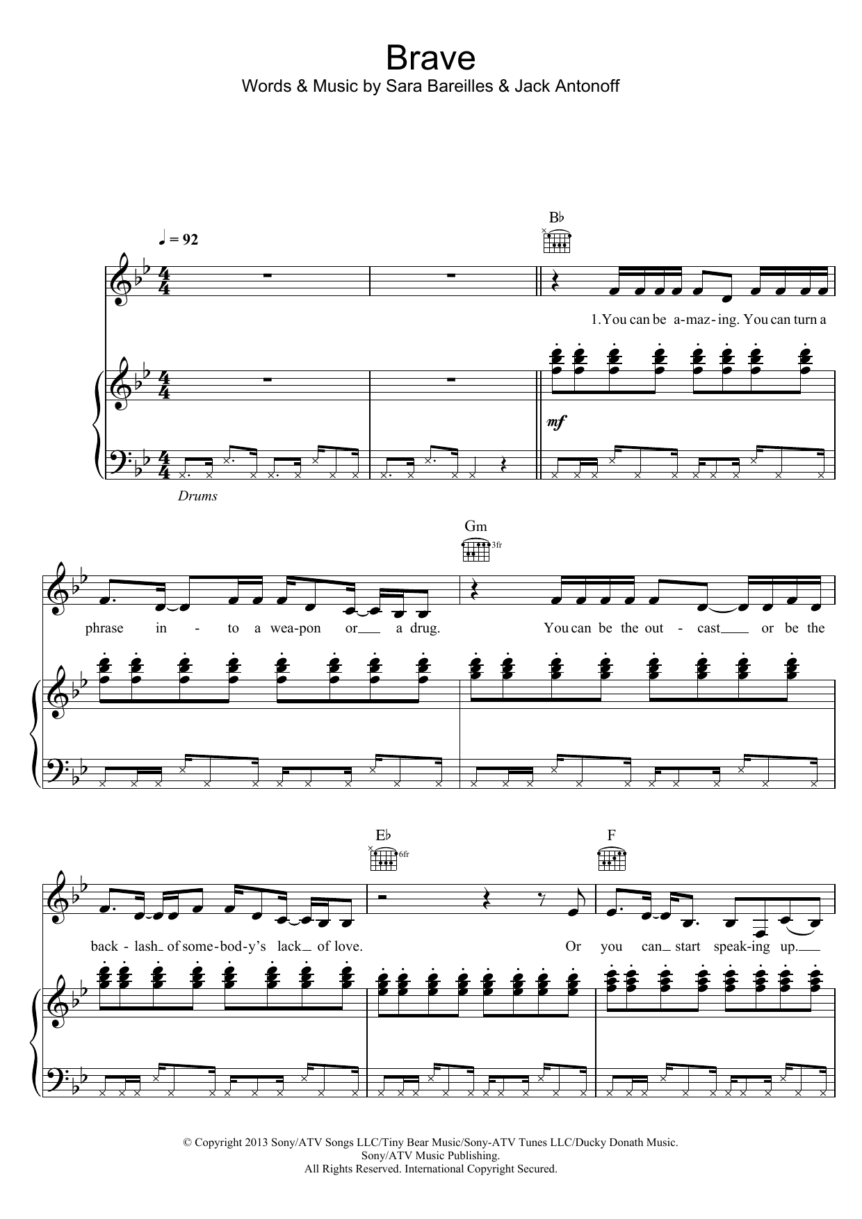 Sara Bareilles Brave sheet music notes and chords. Download Printable PDF.