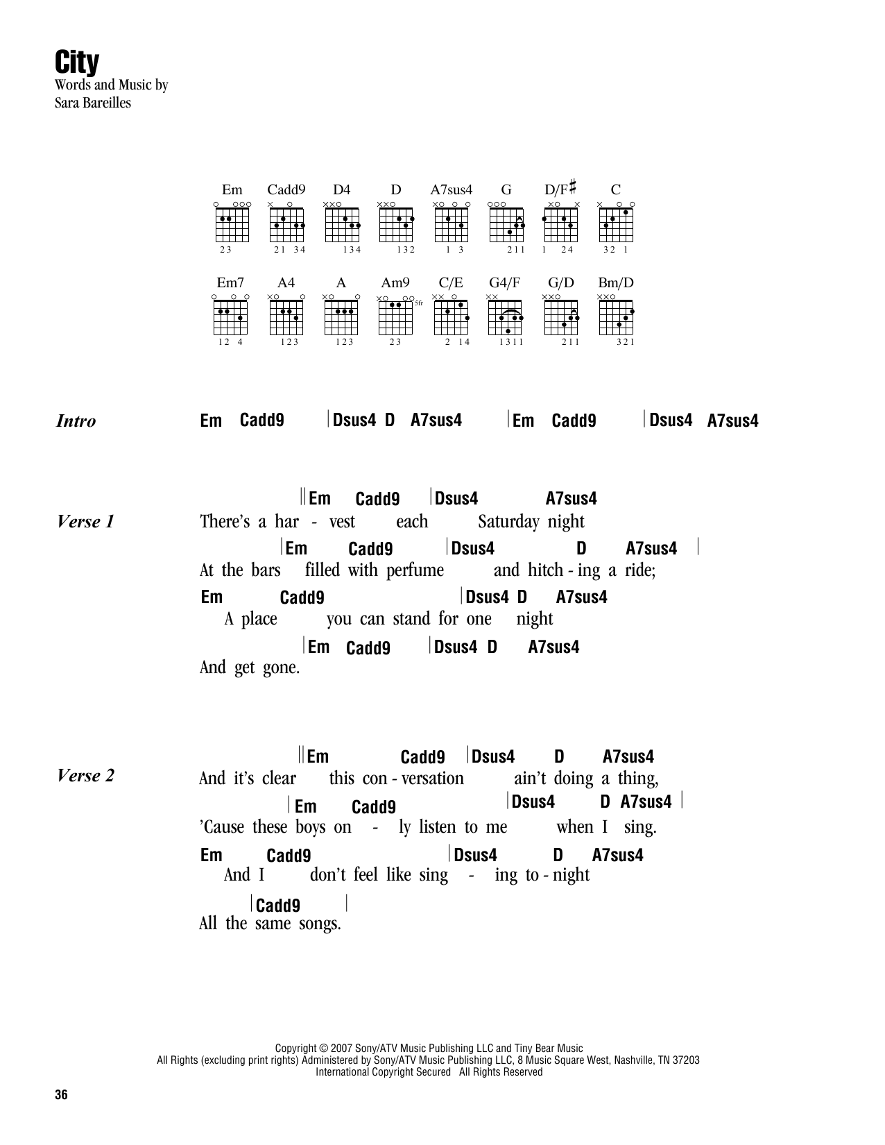 Learn to play Sara Bareilles City sheet music for Guitar Chords/Lyrics in minutes. Price: 4.4900$ Sara Bareilles City sheet music notes and chords arranged for Guitar Chords/Lyrics