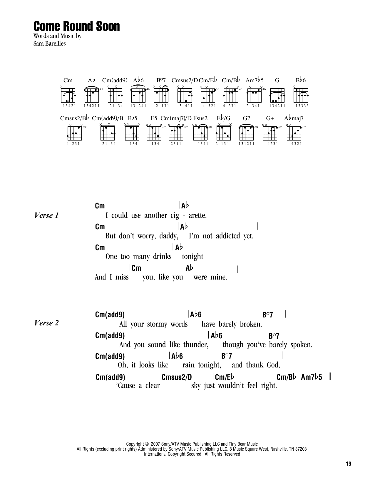 Learn to play Sara Bareilles Come Round Soon sheet music for Piano, Vocal & Guitar Chords (Right-Hand Melody) in minutes. Price: 7.8900$ Sara Bareilles Come Round Soon sheet music notes and chords arranged for Piano, Vocal & Guitar Chords (Right-Hand Melody)