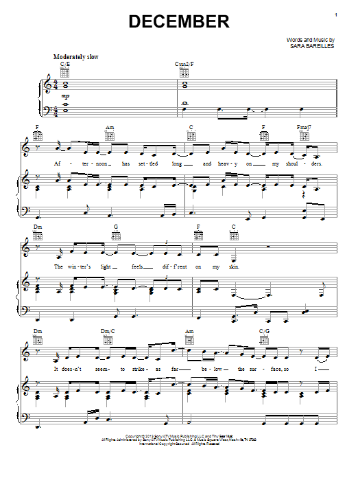 Learn to play Sara Bareilles December sheet music for Piano, Vocal & Guitar Chords (Right-Hand Melody) in minutes. Price: 7.8900$ Sara Bareilles December sheet music notes and chords arranged for Piano, Vocal & Guitar Chords (Right-Hand Melody)