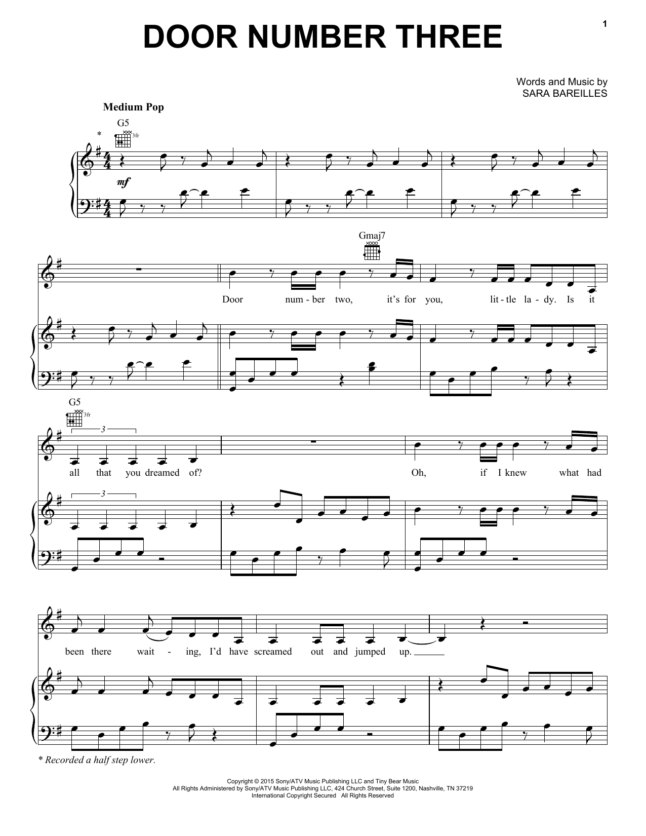 Sara Bareilles Door Number Three sheet music notes and chords. Download Printable PDF.