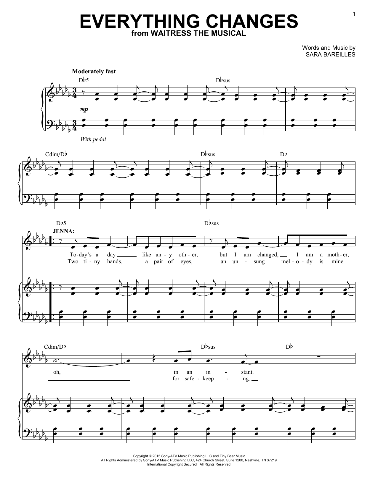 Sara Bareilles Everything Changes (from Waitress The Musical) sheet music notes and chords. Download Printable PDF.