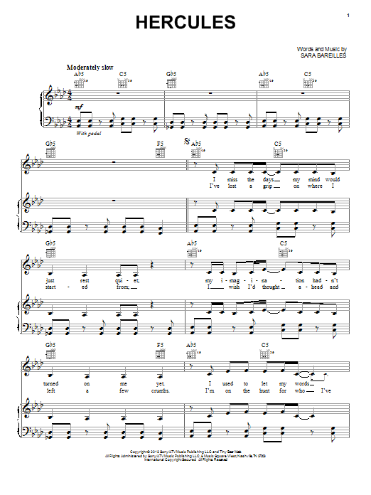 Learn to play Sara Bareilles Hercules sheet music for Piano, Vocal & Guitar Chords (Right-Hand Melody) in minutes. Price: 7.8900$ Sara Bareilles Hercules sheet music notes and chords arranged for Piano, Vocal & Guitar Chords (Right-Hand Melody)