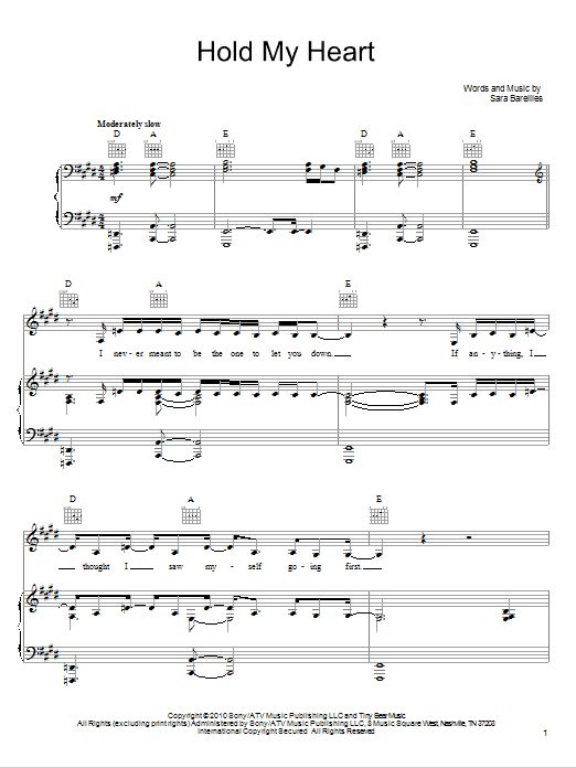 Sara Bareilles Hold My Heart sheet music notes and chords. Download Printable PDF.