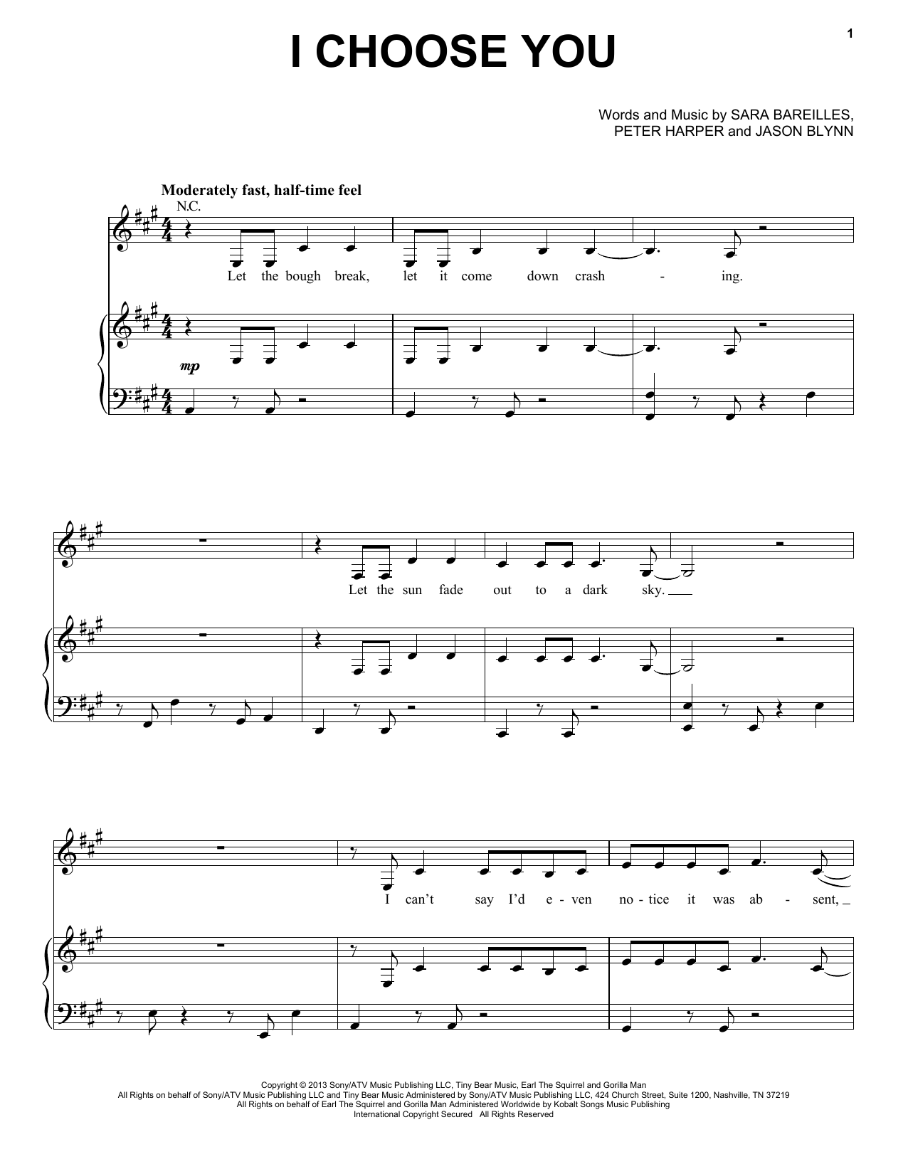 Sara Bareilles I Choose You sheet music notes and chords arranged for Piano, Vocal & Guitar Chords (Right-Hand Melody)