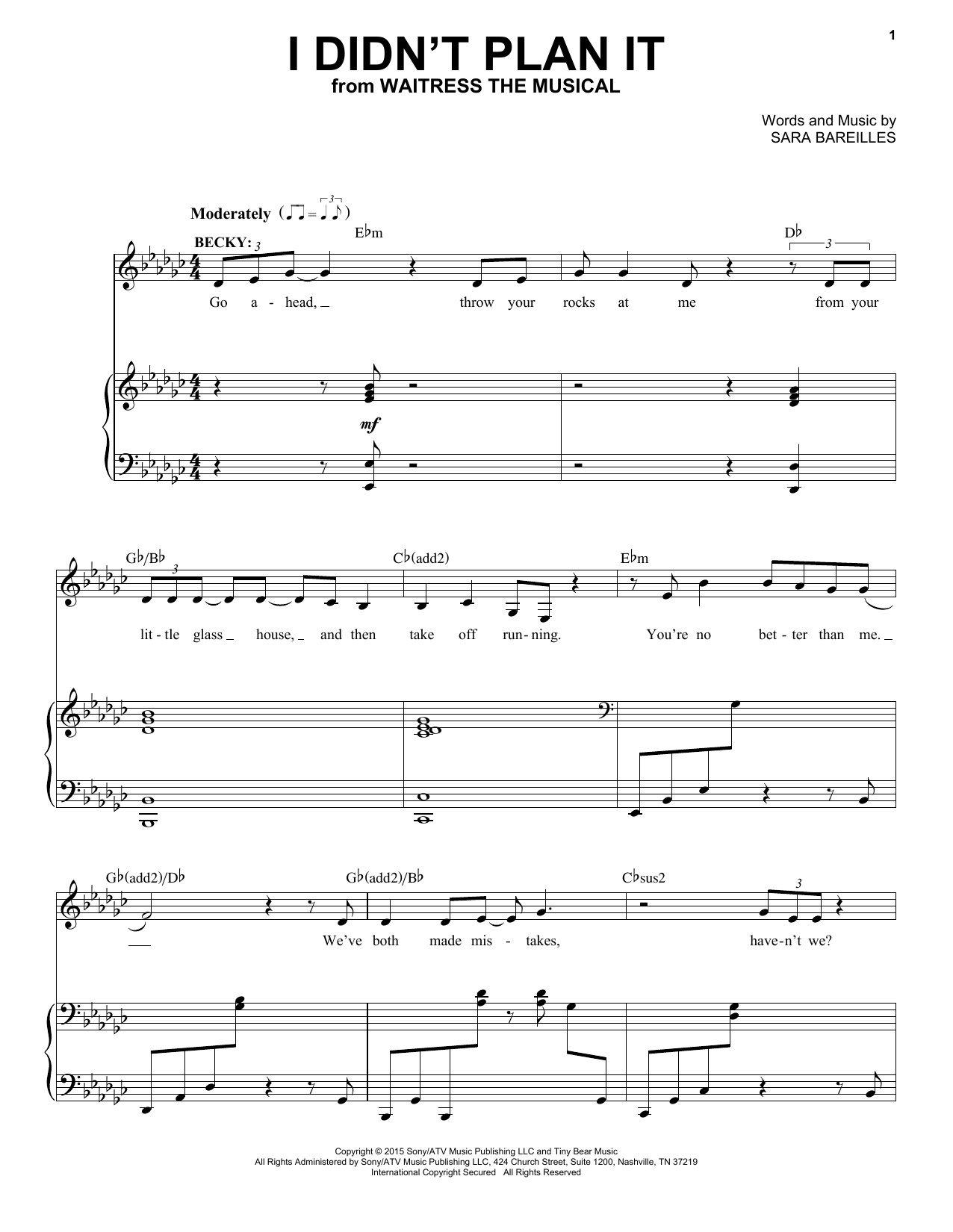 Sara Bareilles I Didn't Plan It (from Waitress The Musical) sheet music notes and chords. Download Printable PDF.