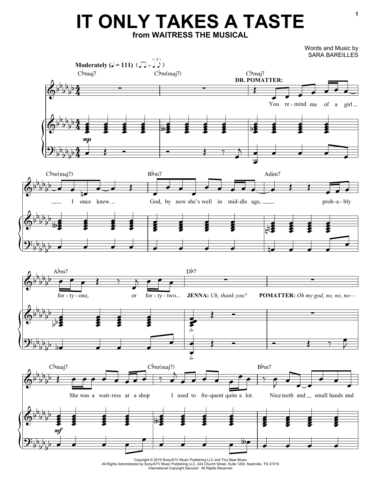 Learn to play Sara Bareilles It Only Takes A Taste (from Waitress The Musical) sheet music for Piano & Vocal in minutes. Price: 7.8900$ Sara Bareilles It Only Takes A Taste (from Waitress The Musical) sheet music notes and chords arranged for Piano & Vocal
