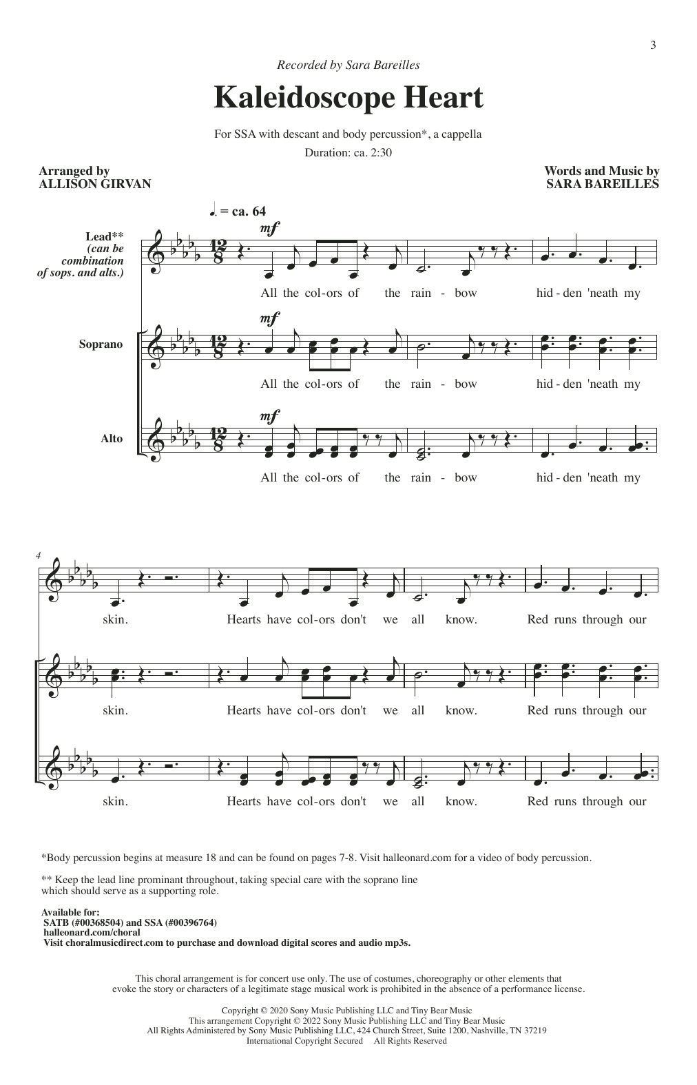 Sara Bareilles Kaleidoscope Heart (arr. Allison Girvan) sheet music notes and chords. Download Printable PDF.