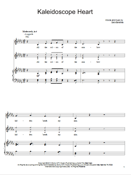 Learn to play Sara Bareilles Kaleidoscope Heart sheet music for Piano, Vocal & Guitar Chords (Right-Hand Melody) in minutes. Price: 7.8900$ Sara Bareilles Kaleidoscope Heart sheet music notes and chords arranged for Piano, Vocal & Guitar Chords (Right-Hand Melody)