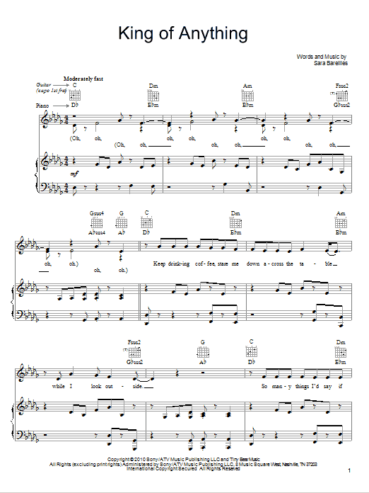 Learn to play Sara Bareilles King Of Anything sheet music for Piano, Vocal & Guitar Chords (Right-Hand Melody) in minutes. Price: 7.8900$ Sara Bareilles King Of Anything sheet music notes and chords arranged for Piano, Vocal & Guitar Chords (Right-Hand Melody)