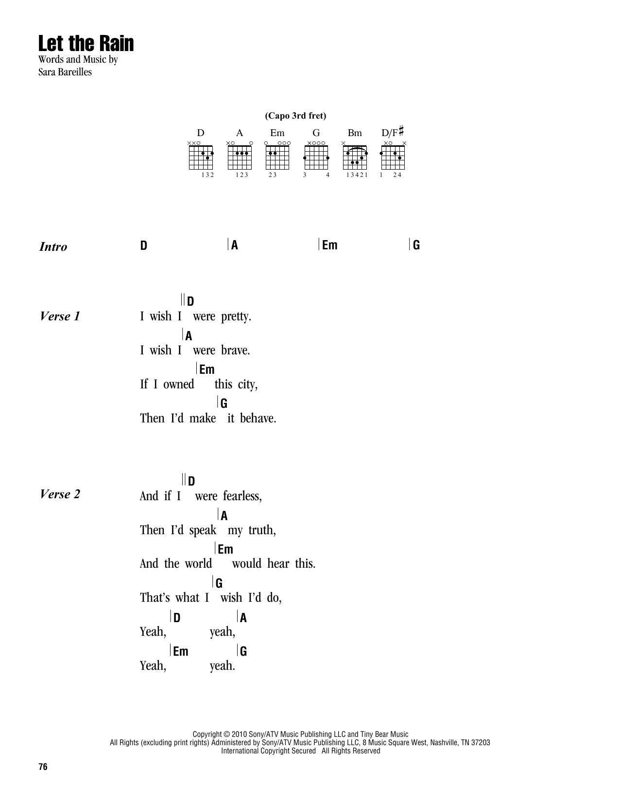 Sara Bareilles Let The Rain sheet music notes and chords. Download Printable PDF.