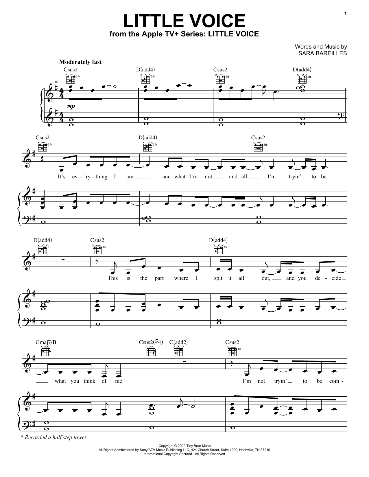 Sara Bareilles Little Voice (from the Apple TV+ Series: Little Voice) sheet music notes and chords. Download Printable PDF.