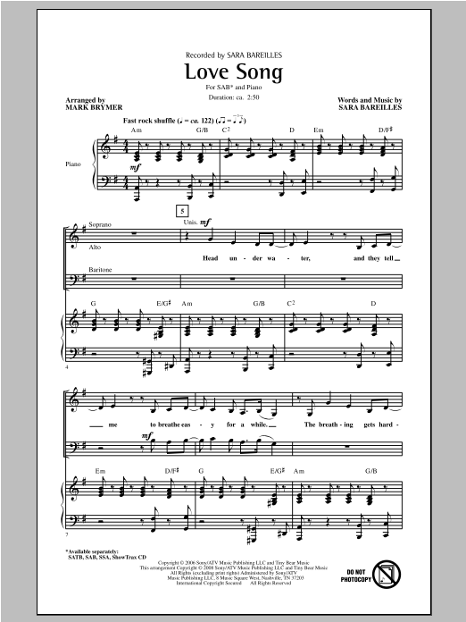 Sara Bareilles Love Song (arr. Mark Brymer) sheet music notes and chords. Download Printable PDF.