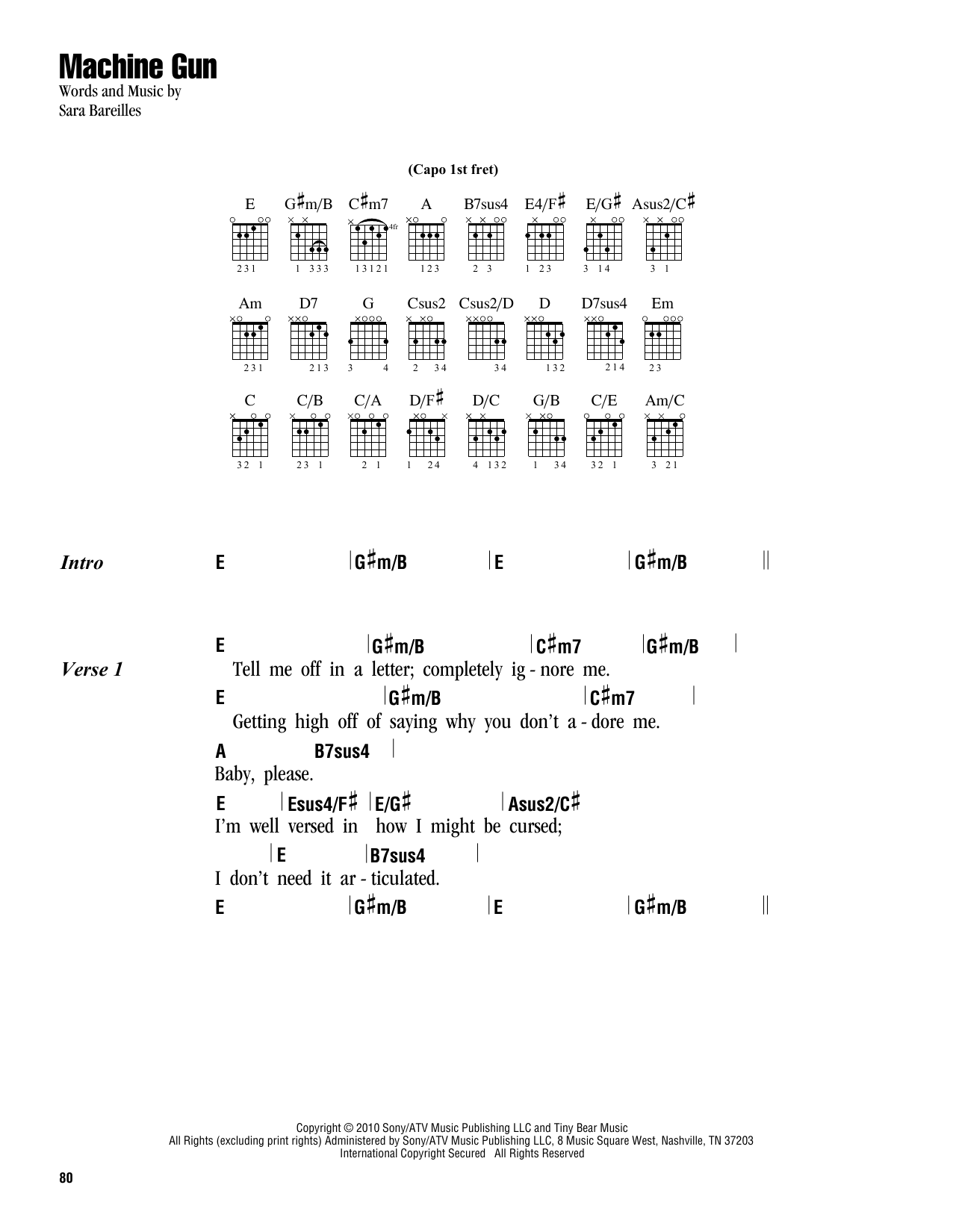 Learn to play Sara Bareilles Machine Gun sheet music for Piano, Vocal & Guitar Chords (Right-Hand Melody) in minutes. Price: 7.8900$ Sara Bareilles Machine Gun sheet music notes and chords arranged for Piano, Vocal & Guitar Chords (Right-Hand Melody)