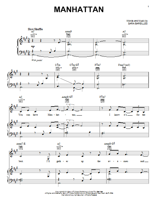 Sara Bareilles Manhattan sheet music notes and chords arranged for Piano, Vocal & Guitar Chords (Right-Hand Melody)