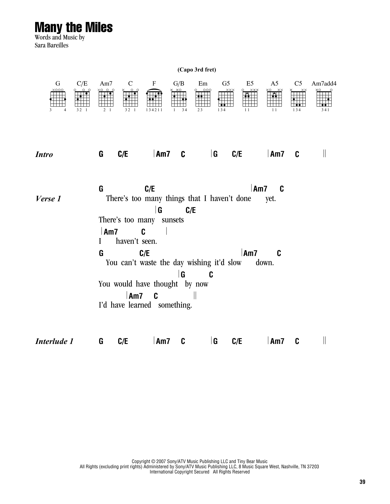 Learn to play Sara Bareilles Many The Miles sheet music for Guitar Chords/Lyrics in minutes. Price: 4.4900$ Sara Bareilles Many The Miles sheet music notes and chords arranged for Guitar Chords/Lyrics