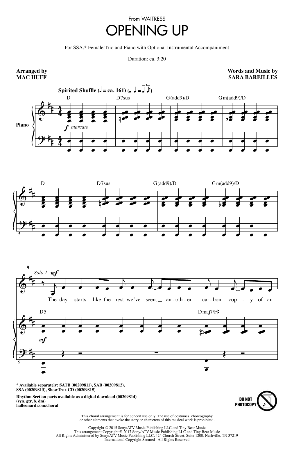 Sara Bareilles Opening Up (from Waitress The Musical) (arr. Mac Huff) sheet music notes and chords. Download Printable PDF.