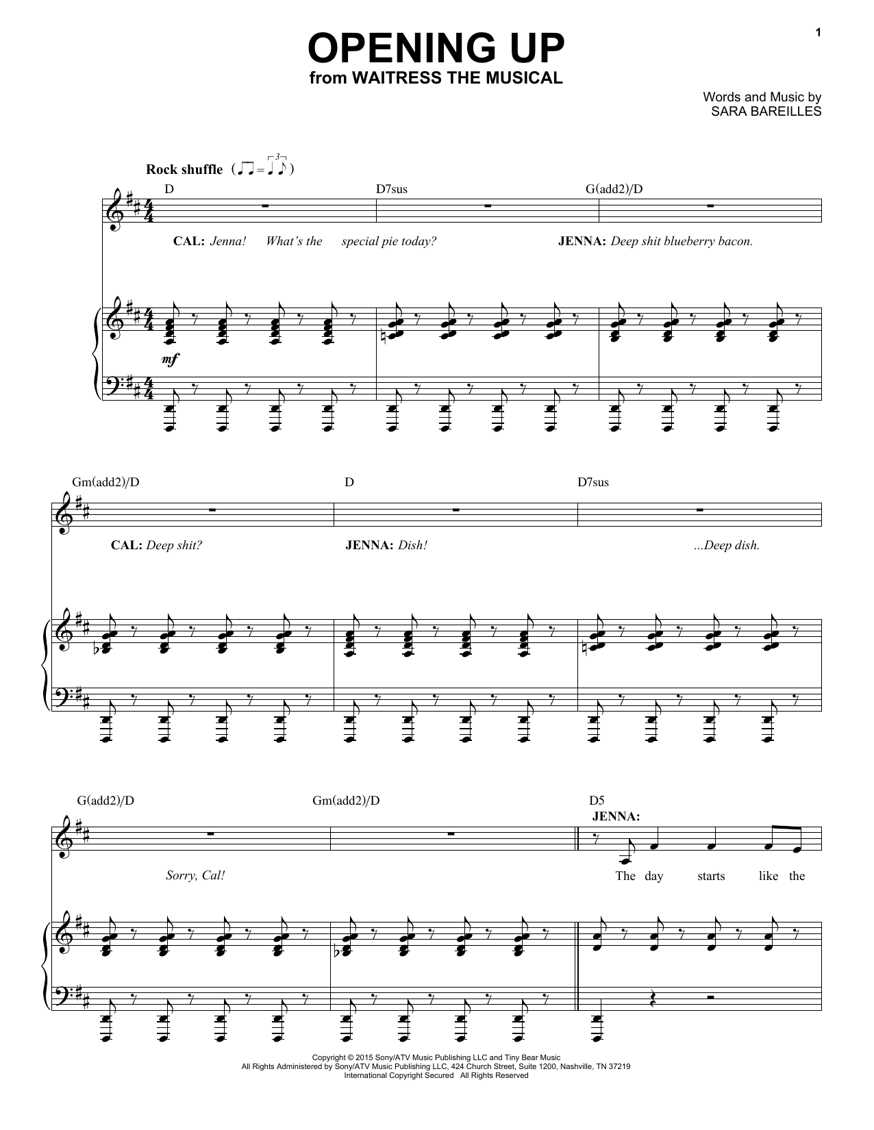 Sara Bareilles Opening Up (from Waitress The Musical) sheet music notes and chords. Download Printable PDF.