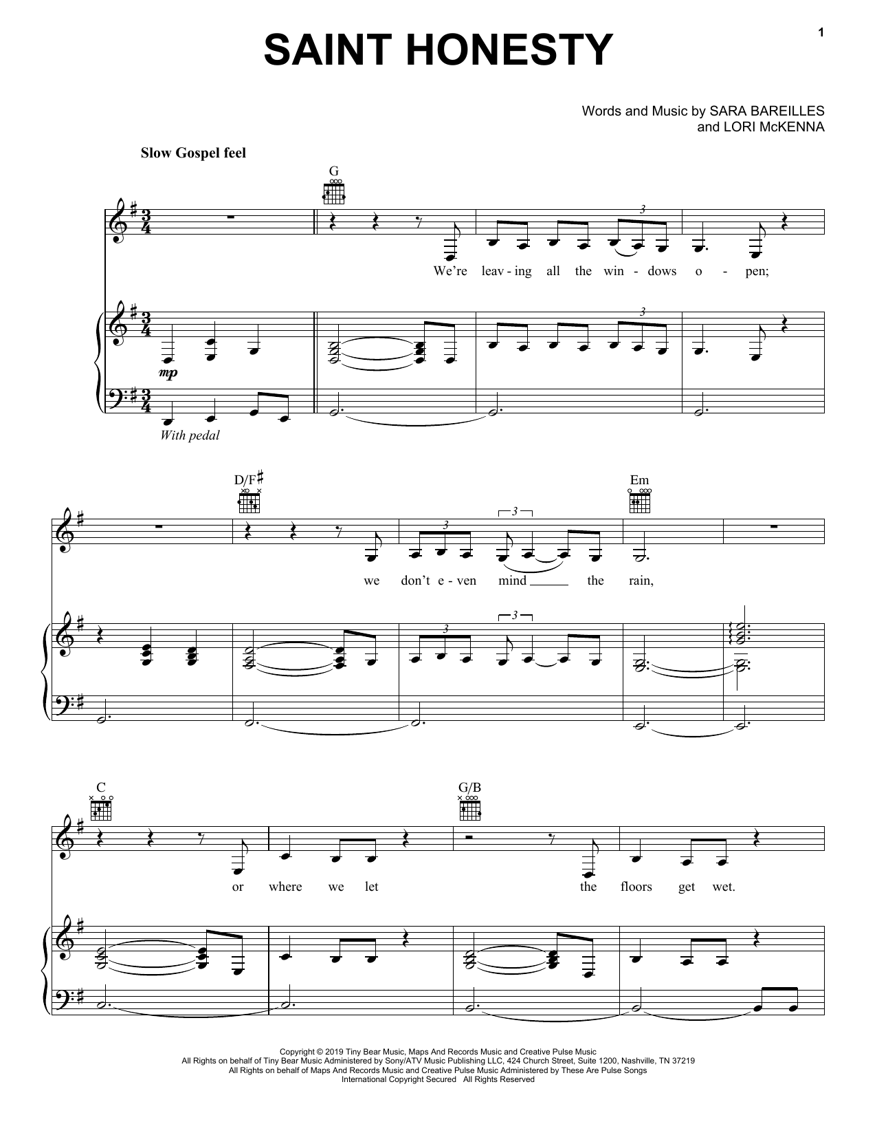 Sara Bareilles Saint Honesty sheet music notes and chords. Download Printable PDF.