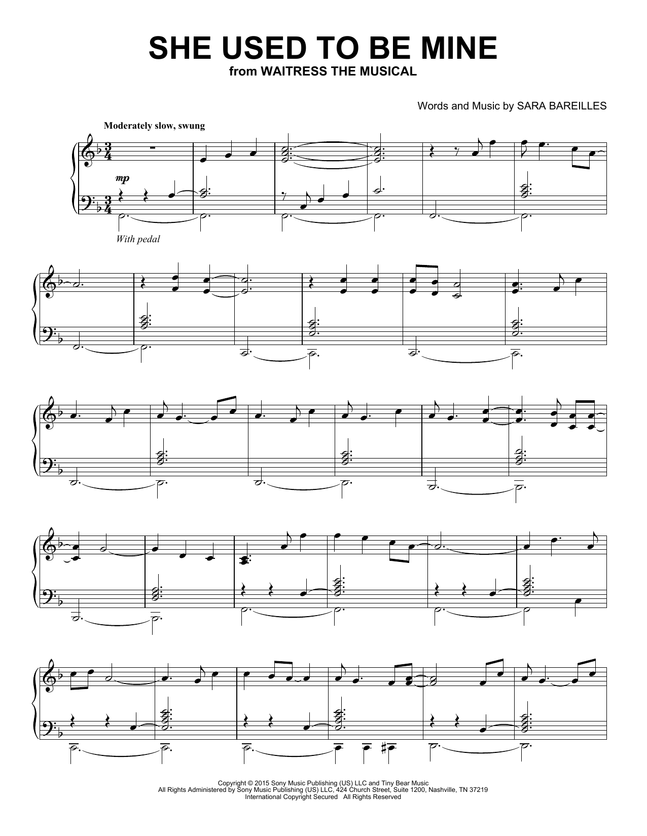 Sara Bareilles She Used To Be Mine (from Waitress) (Peaceful Piano Solo) sheet music notes and chords arranged for Piano Solo