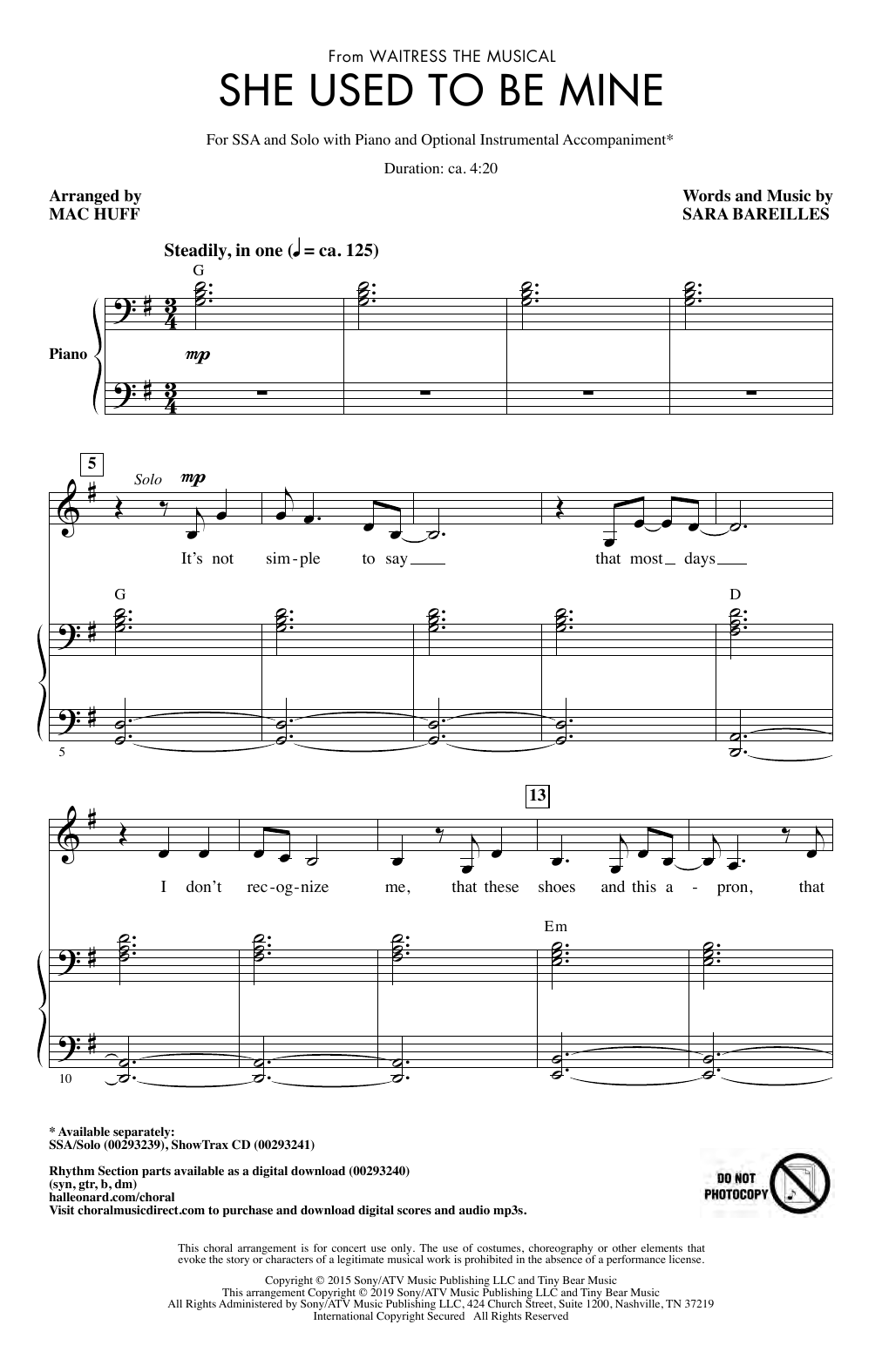 Sara Bareilles She Used To Be Mine (from Waitress the Musical) (arr. Mac Huff) sheet music notes and chords. Download Printable PDF.