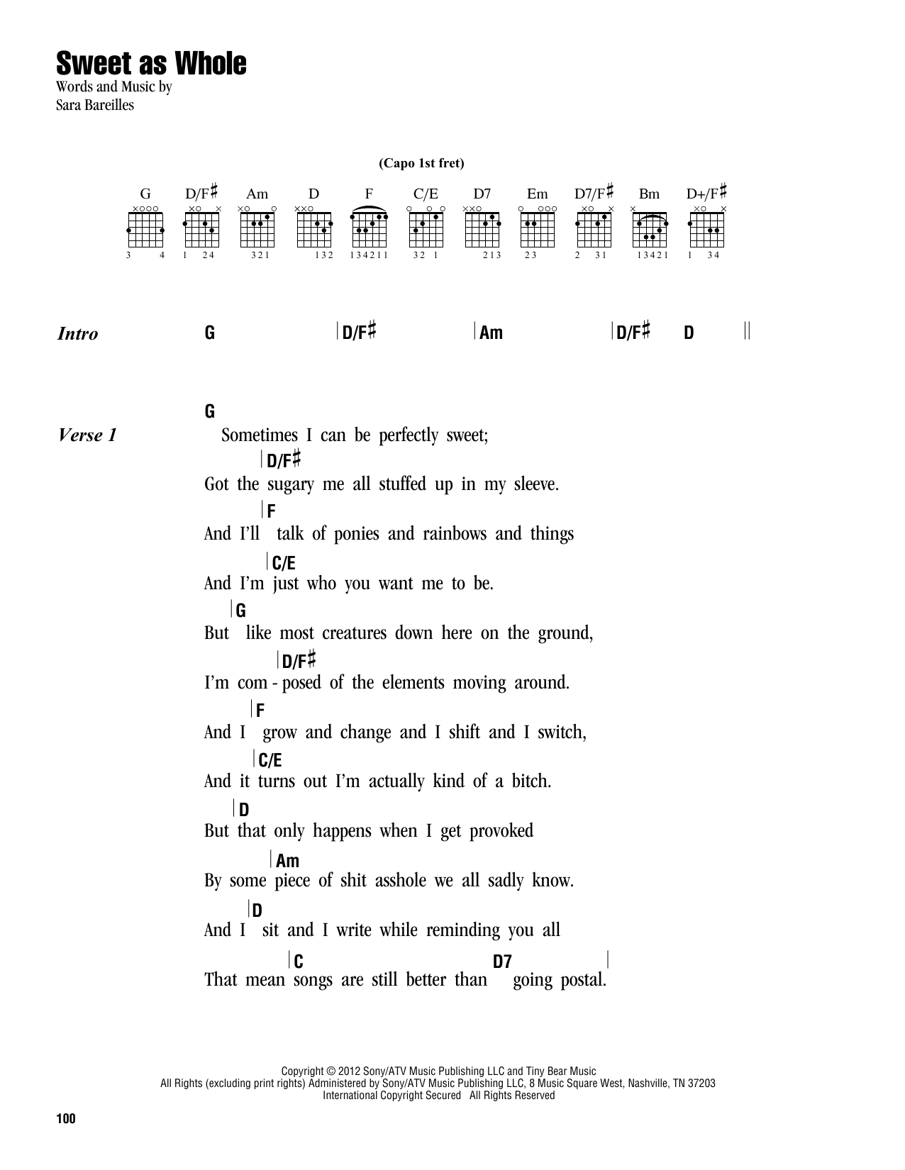 Learn to play Sara Bareilles Sweet As Whole sheet music for Piano, Vocal & Guitar Chords (Right-Hand Melody) in minutes. Price: 7.8900$ Sara Bareilles Sweet As Whole sheet music notes and chords arranged for Piano, Vocal & Guitar Chords (Right-Hand Melody)