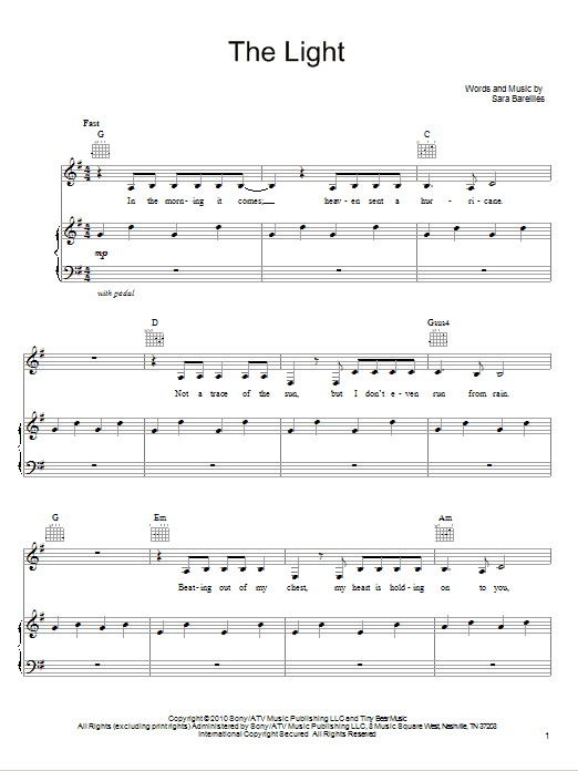 Sara Bareilles The Light sheet music notes and chords. Download Printable PDF.