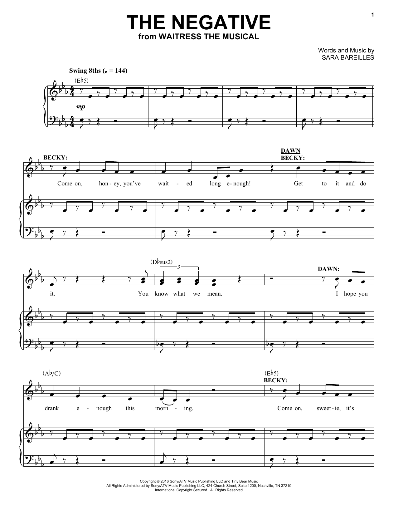 Sara Bareilles The Negative (from Waitress the Musical) sheet music notes and chords. Download Printable PDF.