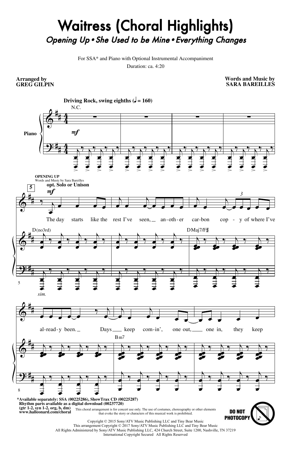 Sara Bareilles Waitress (Choral Highlights) (arr. Greg Gilpin) sheet music notes and chords. Download Printable PDF.