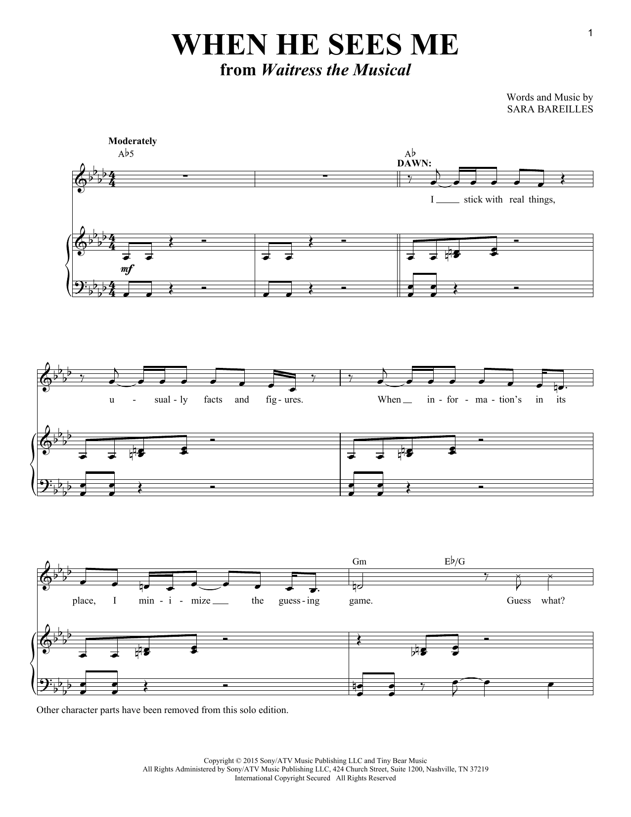 Sara Bareilles When He Sees Me [Solo version] (from Waitress the Musical) sheet music notes and chords. Download Printable PDF.