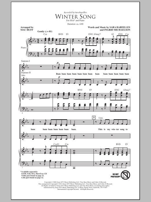 Sara Bareilles Winter Song (arr. Mac Huff) sheet music notes and chords. Download Printable PDF.