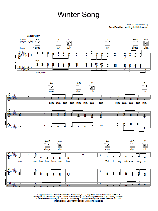 Sara Bareilles Winter Song sheet music notes and chords. Download Printable PDF.