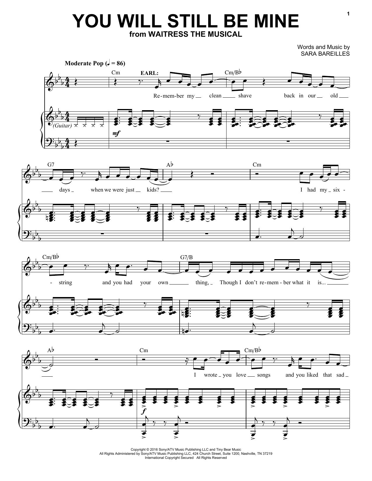 Learn to play Sara Bareilles You Will Still Be Mine (from Waitress The Musical) sheet music for Piano & Vocal in minutes. Price: 7.8900$ Sara Bareilles You Will Still Be Mine (from Waitress The Musical) sheet music notes and chords arranged for Piano & Vocal