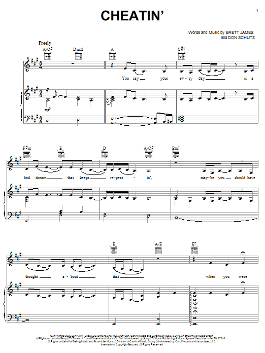 Learn to play Sara Evans Cheatin' sheet music for Piano, Vocal & Guitar Chords (Right-Hand Melody) in minutes. Price: 7.8900$ Sara Evans Cheatin' sheet music notes and chords arranged for Piano, Vocal & Guitar Chords (Right-Hand Melody)