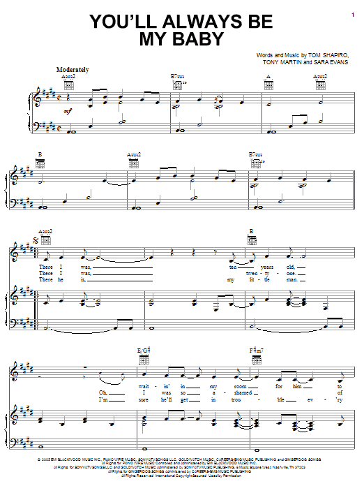 Learn to play Sara Evans You'll Always Be My Baby sheet music for Piano, Vocal & Guitar Chords (Right-Hand Melody) in minutes. Price: 7.8900$ Sara Evans You'll Always Be My Baby sheet music notes and chords arranged for Piano, Vocal & Guitar Chords (Right-Hand Melody)