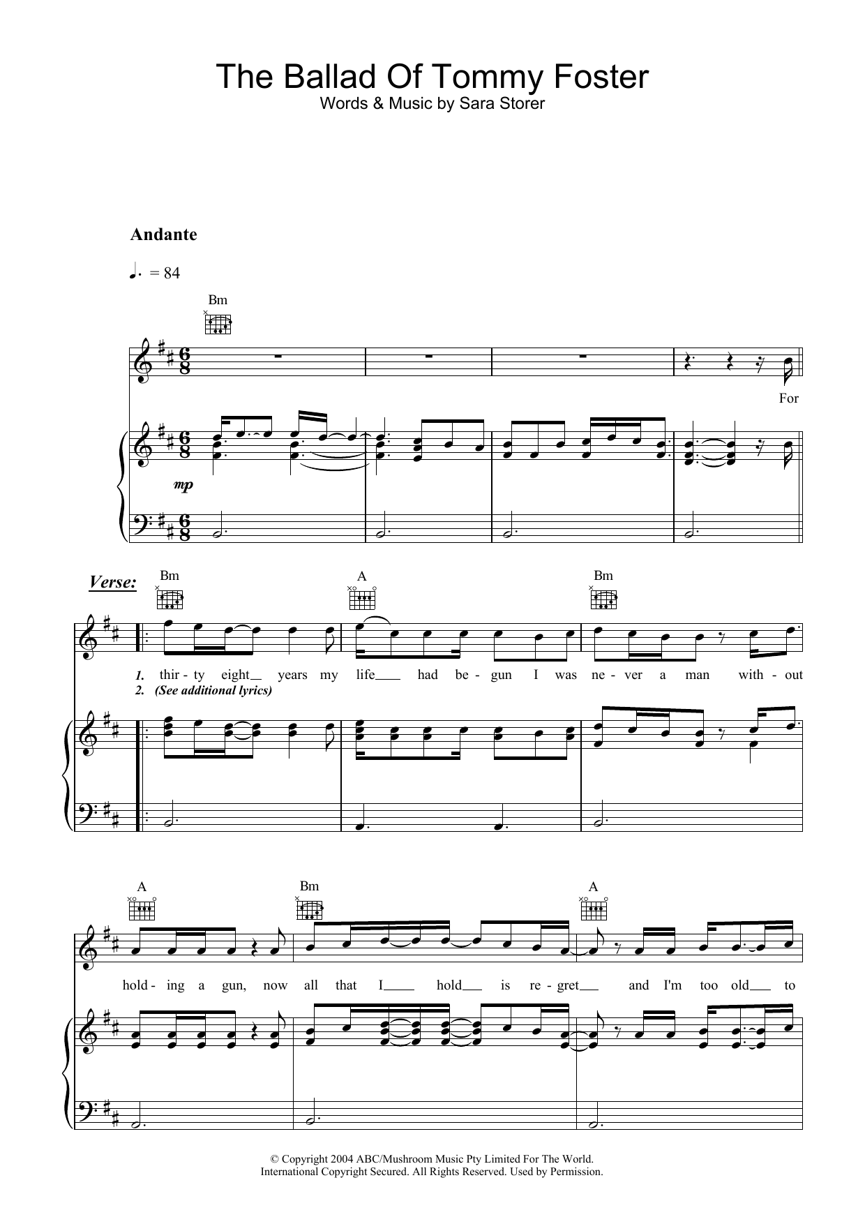Learn to play Sara Storer The Ballad Of Tommy Foster sheet music for Piano, Vocal & Guitar Chords in minutes. Price: 7.8900$ Sara Storer The Ballad Of Tommy Foster sheet music notes and chords arranged for Piano, Vocal & Guitar Chords