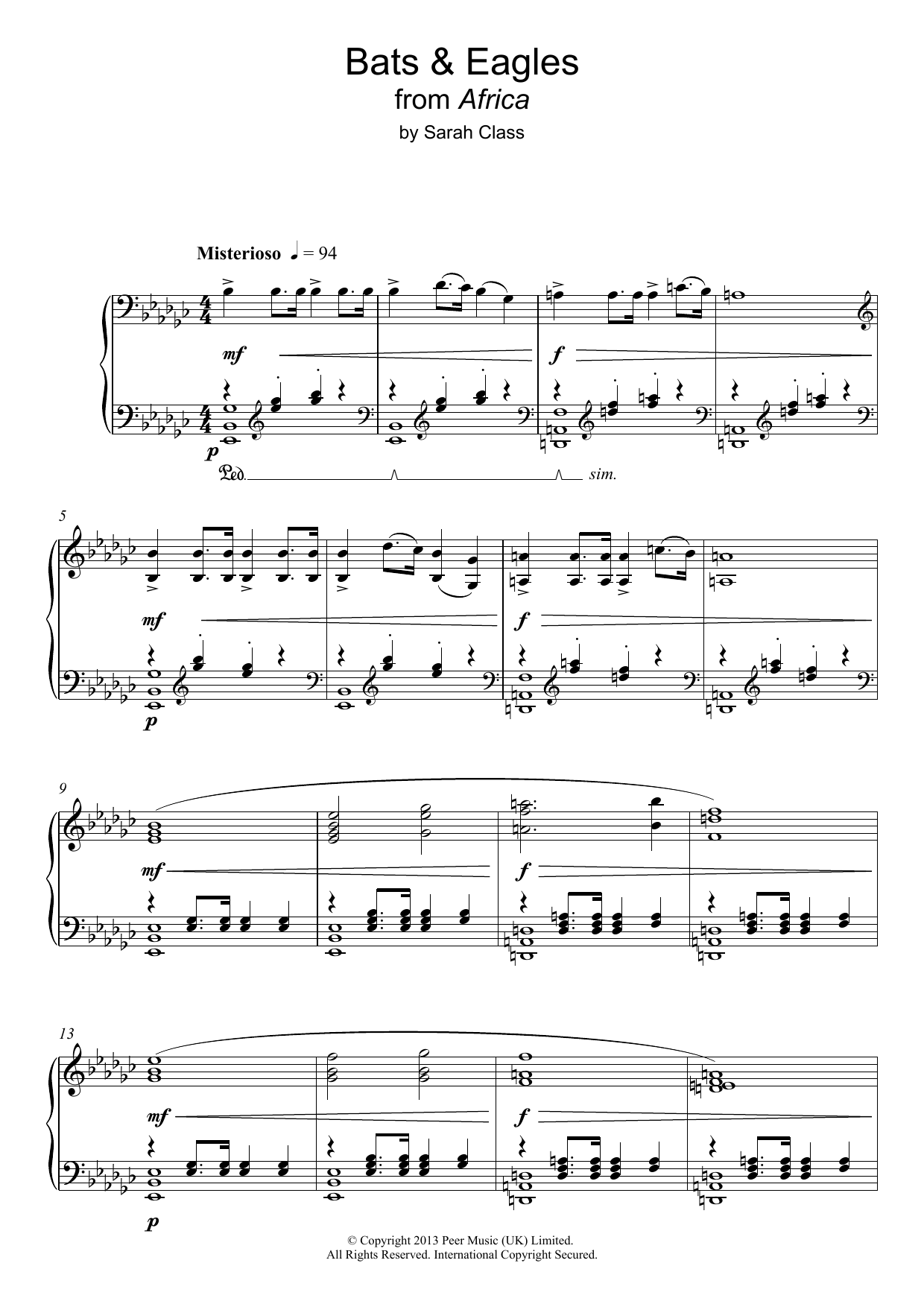 Learn to play Sarah Class Bats & Eagles (from 'Africa') sheet music for Piano Solo in minutes. Price: 7.8900$ Sarah Class Bats & Eagles (from 'Africa') sheet music notes and chords arranged for Piano Solo