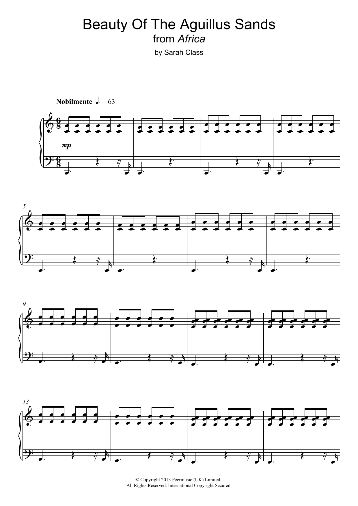 Learn to play Sarah Class Beauty Of The Aguillus Sands (from 'Africa') sheet music for Piano Solo in minutes. Price: 7.8900$ Sarah Class Beauty Of The Aguillus Sands (from 'Africa') sheet music notes and chords arranged for Piano Solo
